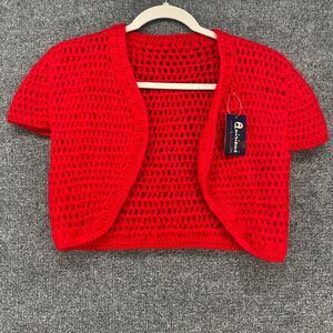 Vintage‎ Womens Crochet Cardigan Medium Red Crop Boho Cottagecore Fairy Feminine